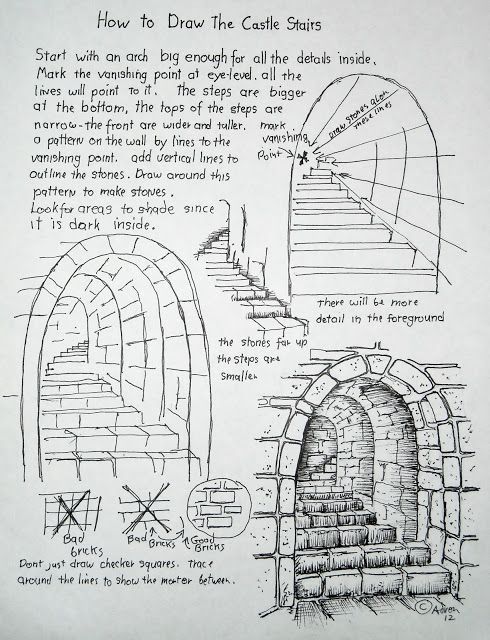 a drawing with steps and instructions for how to draw the castle stairs