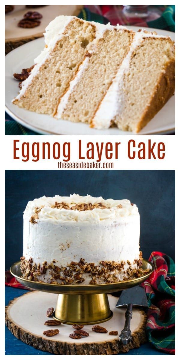 there is a cake with white frosting and pecans on the top, and an eggnog layer cake on the bottom