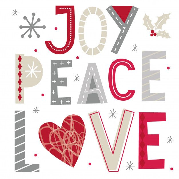 the words joy and peace in red, gray and white colors with christmas decorations on them