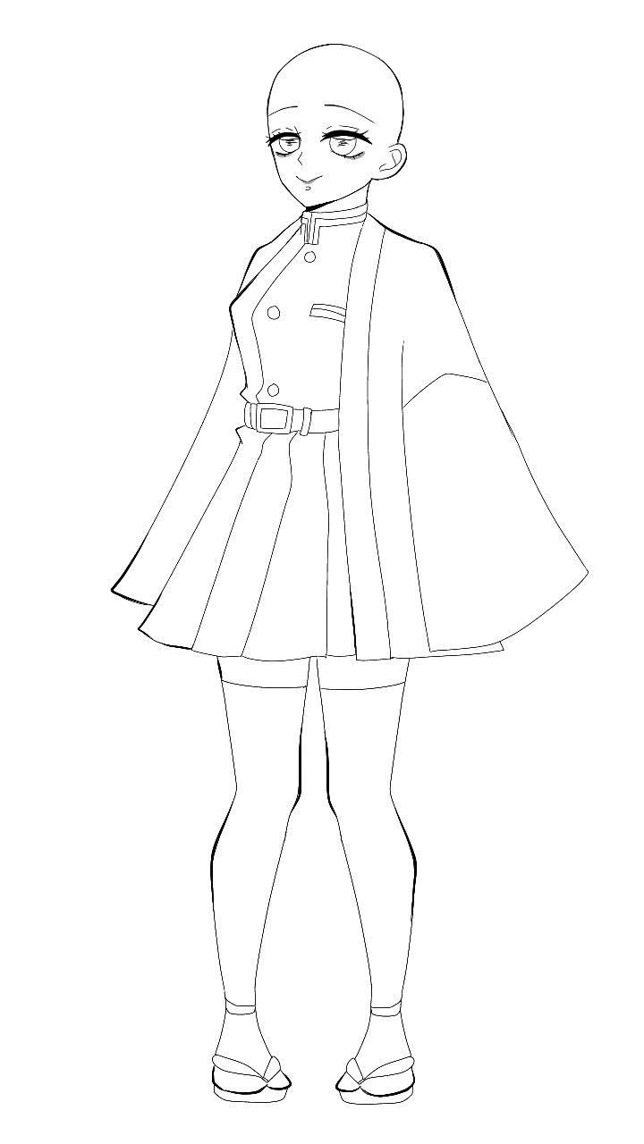 a drawing of a girl in a coat and dress with her hands on her hips