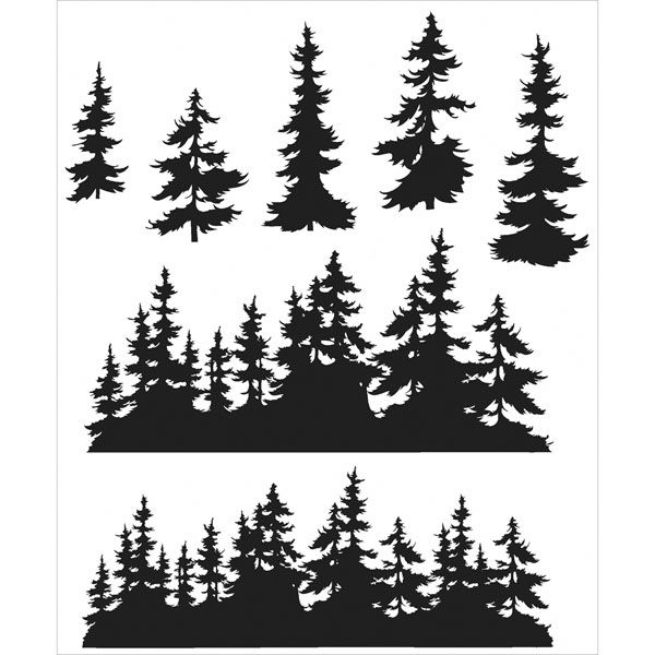 the silhouettes of pine trees are shown in black and white, as well as an outline