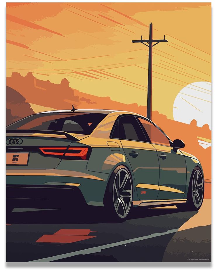 an image of a car driving down the road at sunset or sunrise with power lines in the background