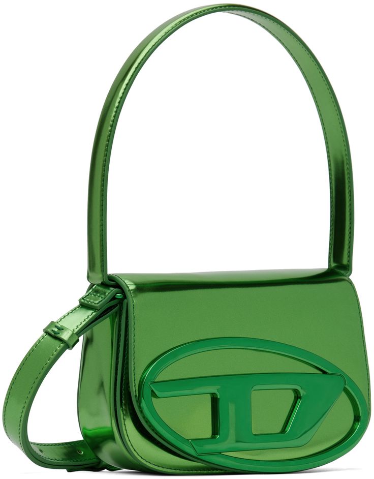 Patent leather shoulder bag in metallic green. · Fixed shoulder strap · Adjustable and detachable crossbody strap · Logo hardware at face · Magnetic press-stud flap · Patch pocket at two-compartment interior · Logo-woven moiré lining · H5 x W7.5 x D2.25 Supplier color: Green Modern Tan Bags With Logo Hardware, Tan Top Handle Shoulder Bag With Logo Hardware, Modern Tan Shoulder Bag With Logo Hardware, Tan Shoulder Bag With Double Handle And Logo Hardware, Luxury Green Flap Bag With Adjustable Strap, Green Luxury Flap Bag With Adjustable Strap, Green Crossbody Bag, Designer Tan Shoulder Bag With Logo Hardware, Designer Green Shoulder Bag With Adjustable Strap