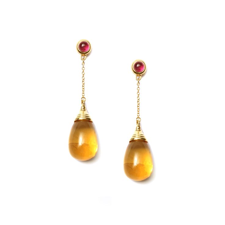 18 karat yellow gold Gemstone drops 20 carats plus Rubellite tops 1 carat approx. Post backs for pierced ears Yellow Earrings With 17 Jewels For Formal Occasions, Formal Yellow Earrings With 17 Jewels, Luxury Yellow Teardrop Earrings, Formal Round Citrine Earrings, Formal Teardrop Citrine Jewelry, Yellow Briolette Earrings For Formal Occasions, Luxury Amber Drop Earrings, Formal Drop Citrine Jewelry, Long Drop Gemstone Earrings For Formal Occasions