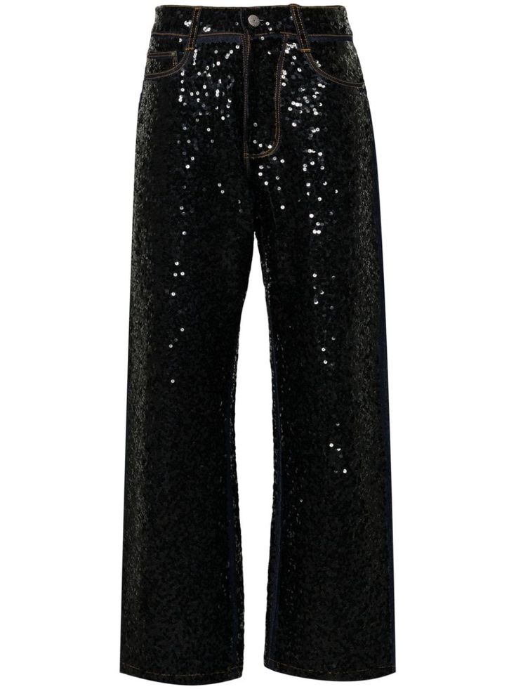 black/blue cotton blend denim mid-wash sequin embellishment contrast stitching belt loops classic five pockets straight leg front button and zip fastening Embellished Straight Leg Denim Pants, Luxury Black Jeans With Five Pockets, Straight Leg Jeans With Belt Loops For Night Out, Straight Leg Denim Sequined Bottoms, Straight Leg Denim Bottoms With Sequins, Sequined Straight Leg Denim Bottoms, Glamorous Straight Leg Denim Bottoms, Straight Leg Sequin Denim Jeans, Straight Leg Denim Jeans With Sequins