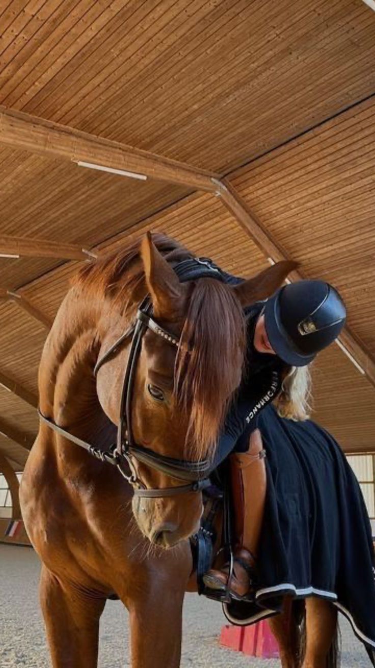 a horse with a saddle on it's back standing next to a woman in a black dress