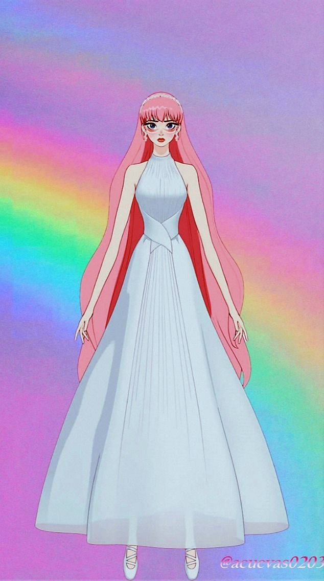 a woman in a white dress and red cape standing on a rainbow - colored background