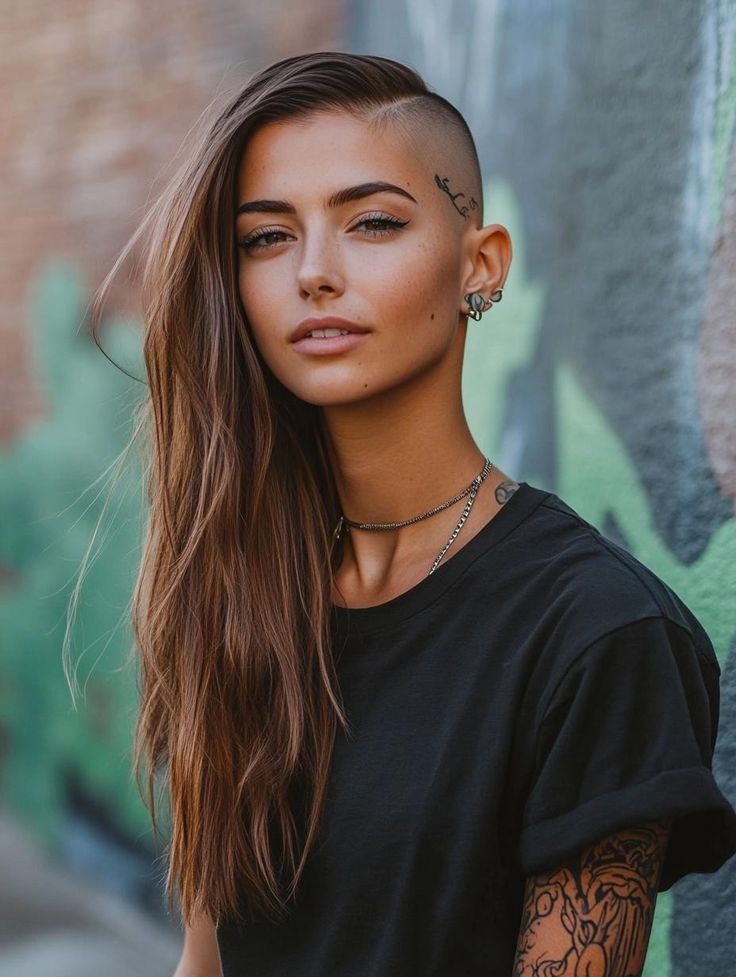 Long Hair With Shaved Sides, Ways To Style Long Hair, Hair With Shaved Sides, Long Hair Shaved Sides, Edgy Long Hair, Style Long Hair, Long Hairstyles For Women, Shaved Side Hairstyles, Tattooed Girls