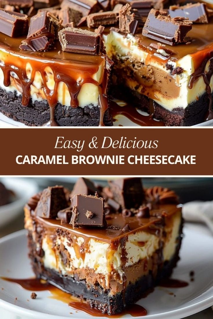 an easy and delicious caramel brownie cheesecake