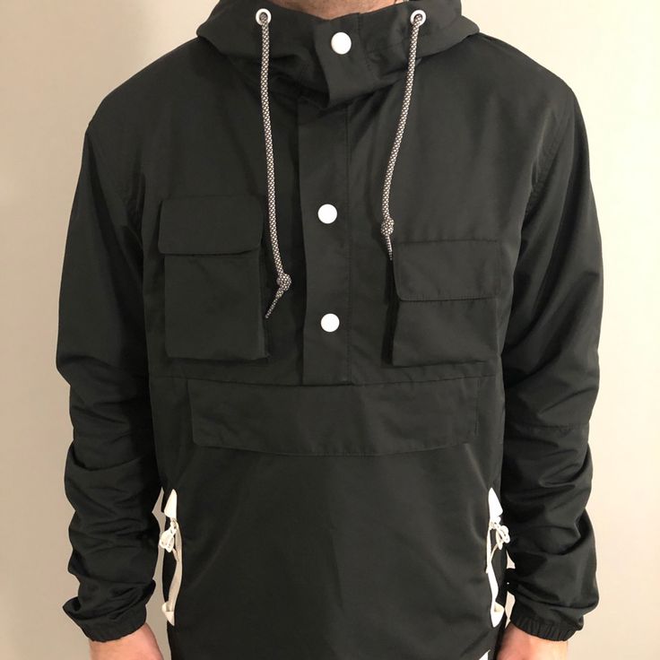 Great Unused Condition! Casual Black Parka For Streetwear, Black Techwear Parka For Fall, Black Parka For Fall Streetwear, Black Parka With Pockets For Fall, Black Fall Parka With Pockets, Black Urban Windbreaker With Pockets, Black Urban Parka With Pockets, Black Winter Outerwear With Side Pockets, Casual Black Outerwear With Pockets