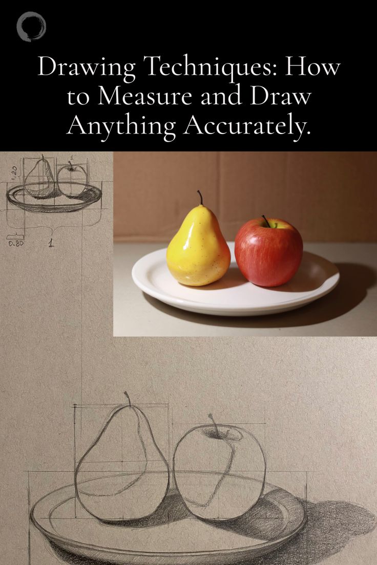 an apple and pear on a plate with the title drawing techniques how to measure and draw anything