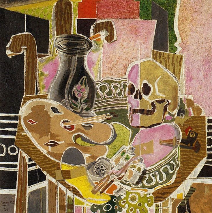 a painting with many different things on the table and in front of it is a vase