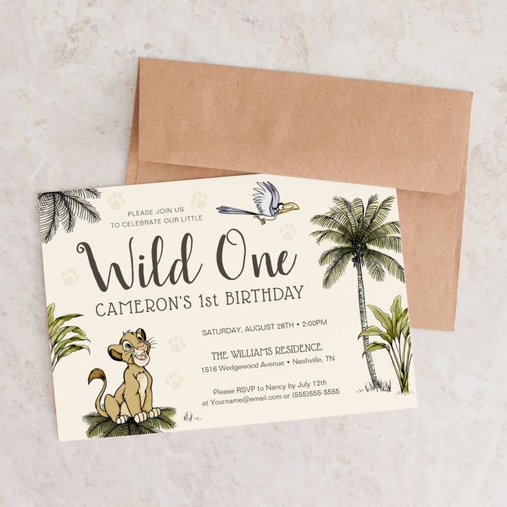 an animal themed birthday party card with the words wild one on it