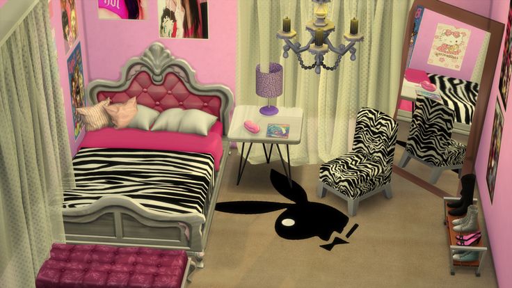 a bedroom decorated in pink and zebra print