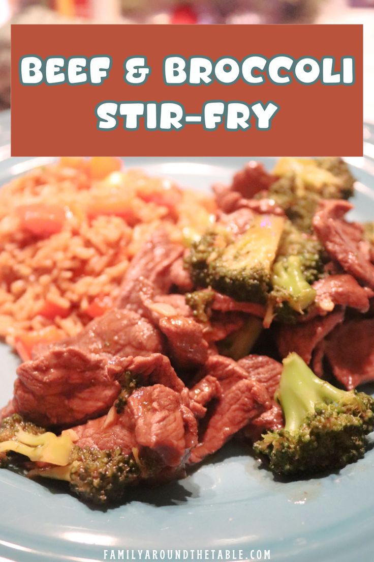 beef and broccoli stir - fry on a blue plate with text overlay