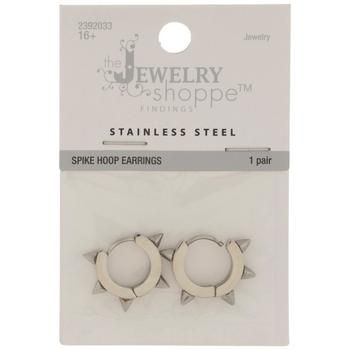 pair of stainless steel hoop earrings with spikes on each side, in white plastic packaging