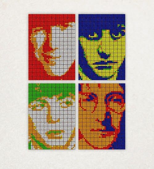 the beatles cross stitch pattern is shown in four different colors and sizes, each with an individual's face