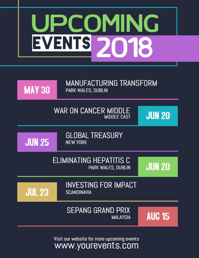 an event poster with the dates for upcoming events in purple, blue and green colors