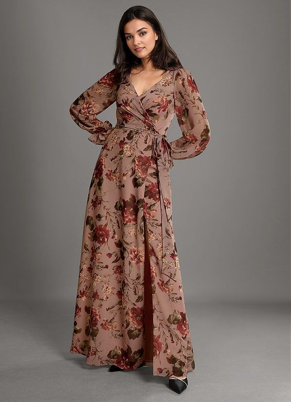 Terra Mauve Multi Maxi Dress | Azazie Flowy Long Sleeve Maxi Dress For Date Night, Long Sleeve Wrap Dress For Date Night, V-neck Chiffon Maxi Dress With Tie Waist, Flowy Long Sleeve Belted Dresses, Elegant Chiffon Maxi Wrap Dress, Elegant Long Sleeve Maxi Dress For Brunch, Elegant Flowy Long Sleeve Floral Dress, Elegant Floral Print Maxi Wrap Dress, Elegant Long Sleeve Maxi Dress With Floral Print