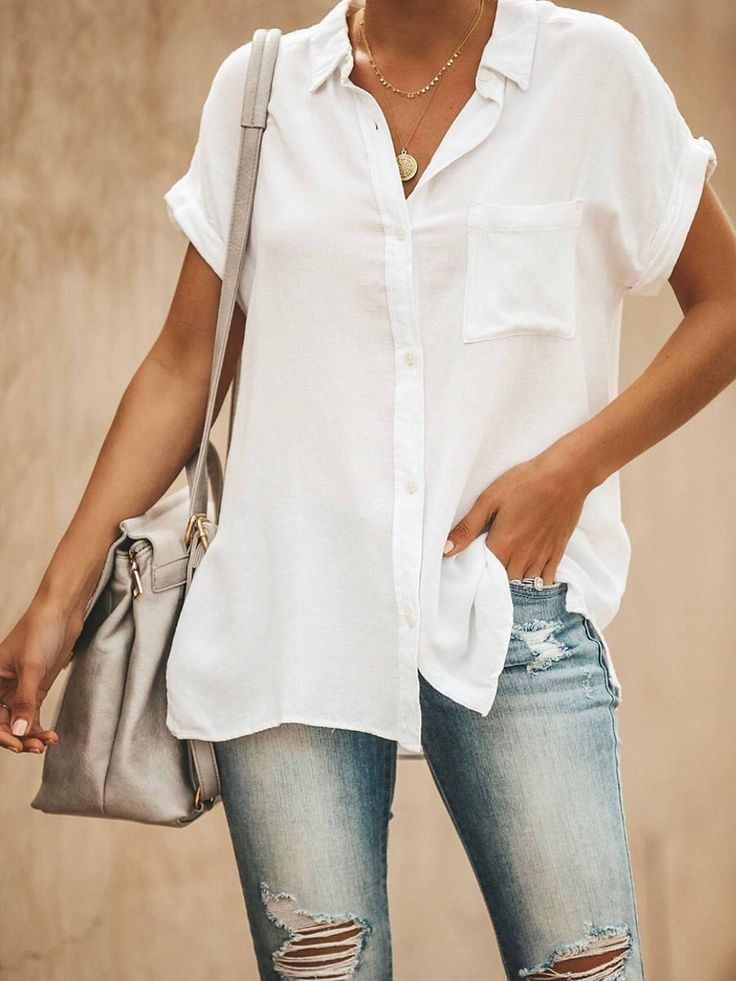 Casual Short Sleeve Collared Tops Solid Color Shirts With Pocket Pocket Blouse, Half Sleeve Blouse, Solid Color Shirt, Linen Blouse, White Shirts, Casual Blouse, Sleeves Pattern, Long Sleeve Casual, Short Sleeve Blouse