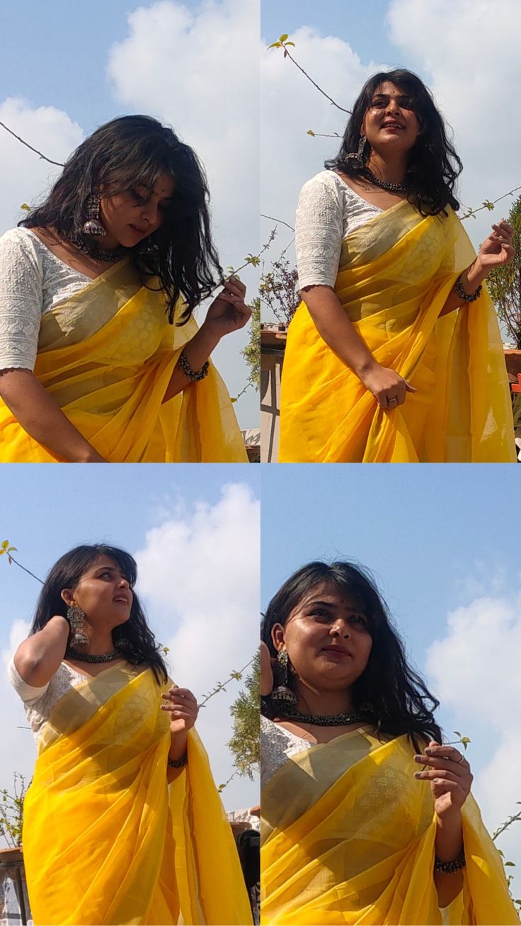 three pictures of a woman in yellow sari with her hands on her hips and looking up at the sky