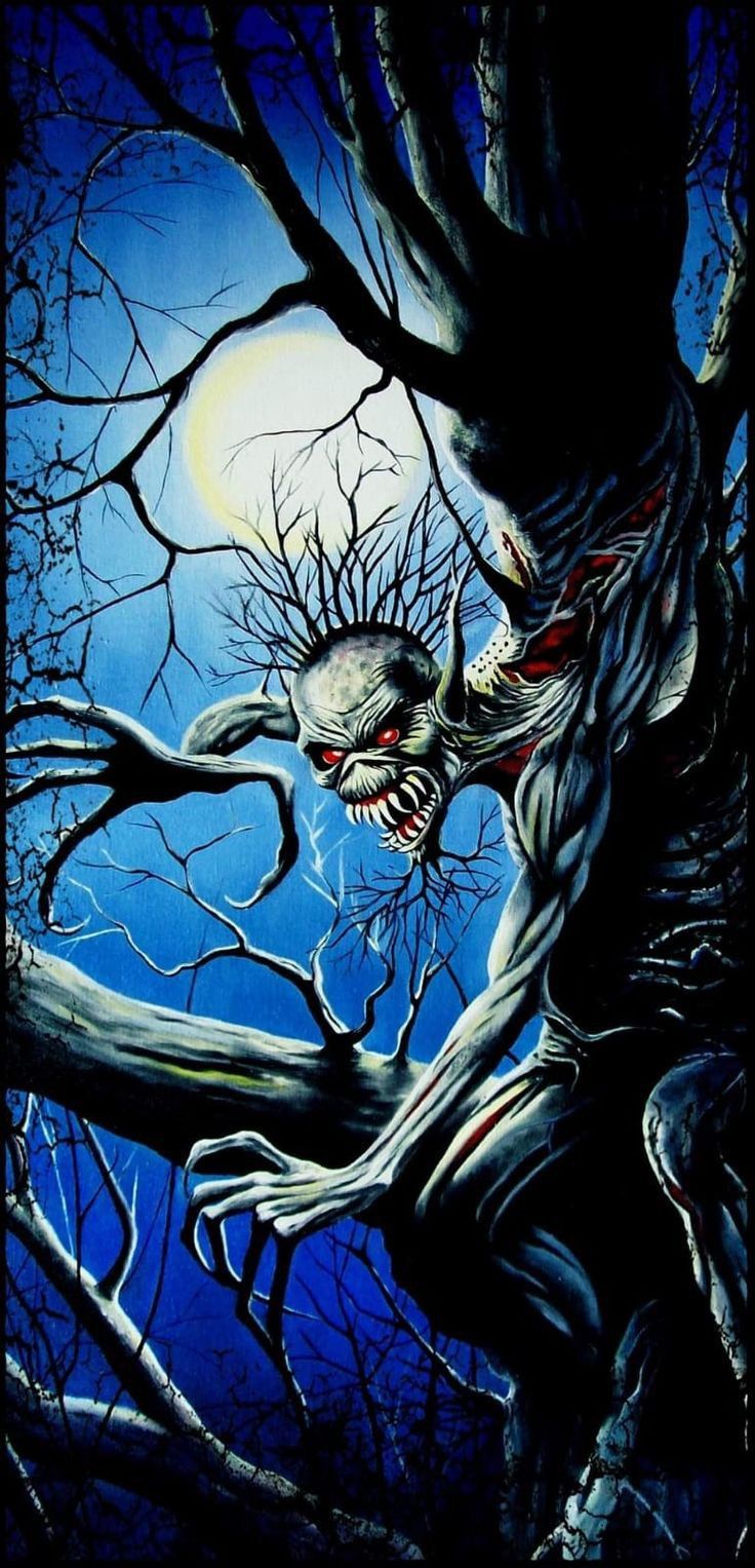 a painting of a creepy tree with the moon in the background