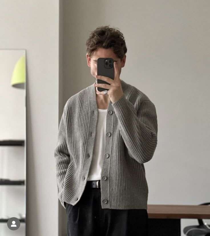 Grey Aesthetic Outfit Men, Old Money Cardigan Outfit Men, Cardigan Sweater Outfit Men, Gray Cardigan Outfit Men, Cardigan Grey Outfit, Grey Cardigan Outfit Men, Grey Cardigan Outfit Aesthetic, Men’s Cardigan Outfit, Oversized Outfit Men