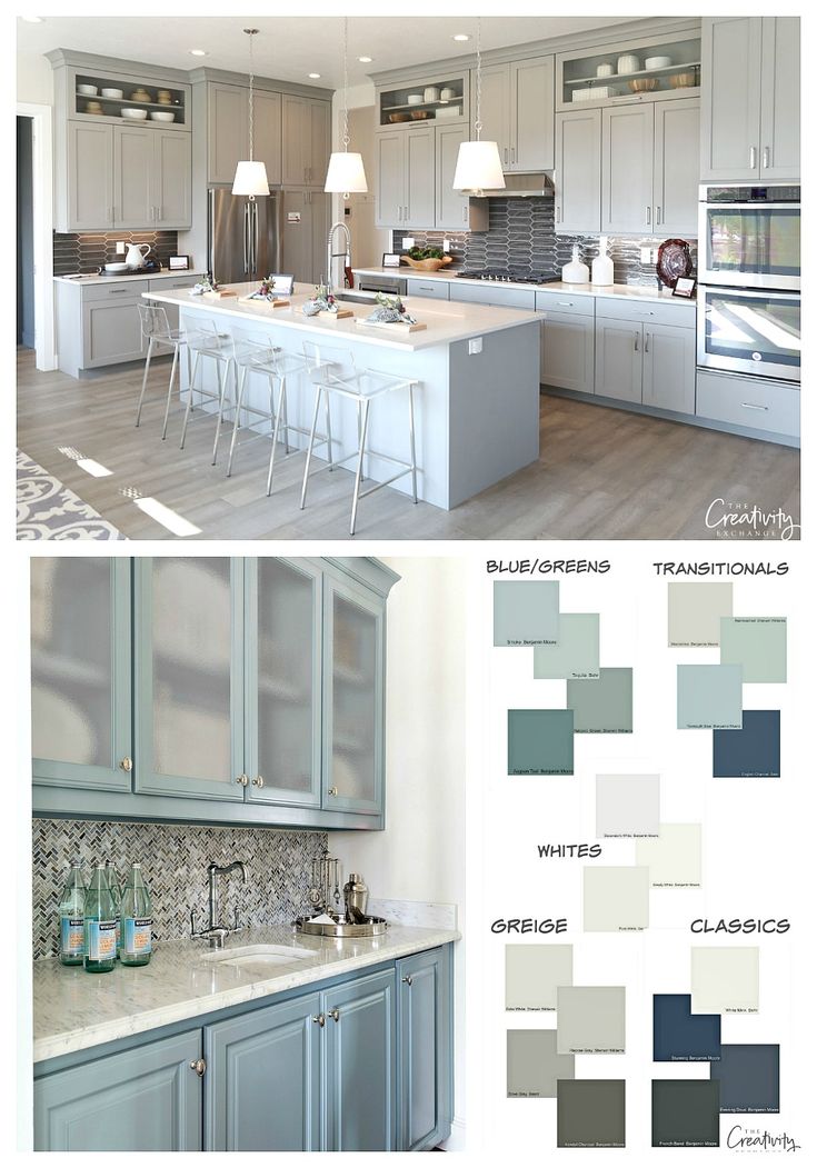 the kitchen is painted in shades of gray and white, while the rest of the cabinets are light blue