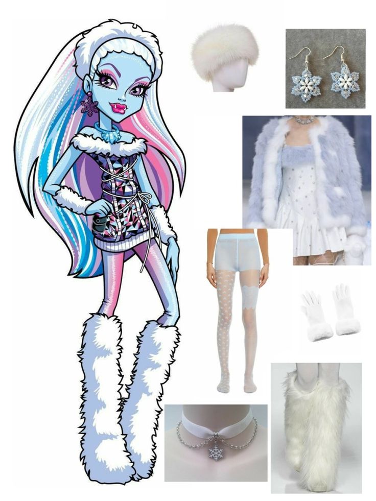 an assortment of clothes and accessories for a monster girl doll with long hair, white fur coat