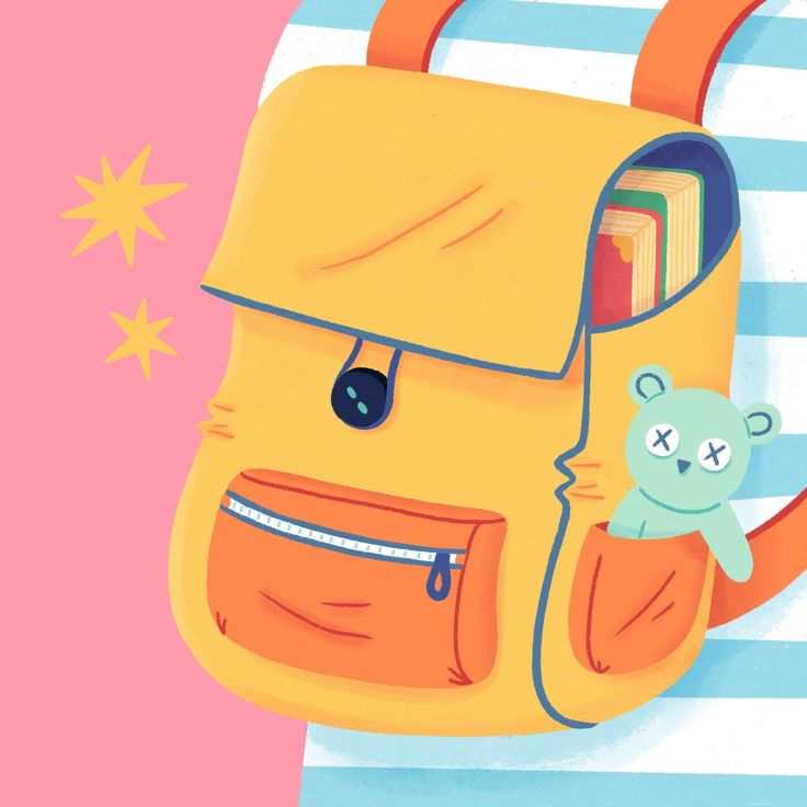 an orange backpack with a blue teddy bear in the pocket and stars above it on a pink background