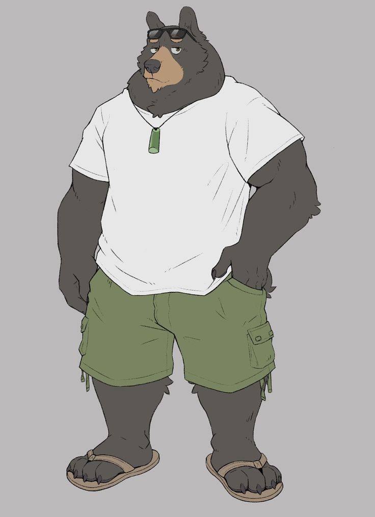 a cartoon bear in shorts and a t - shirt standing with his hands on his hips