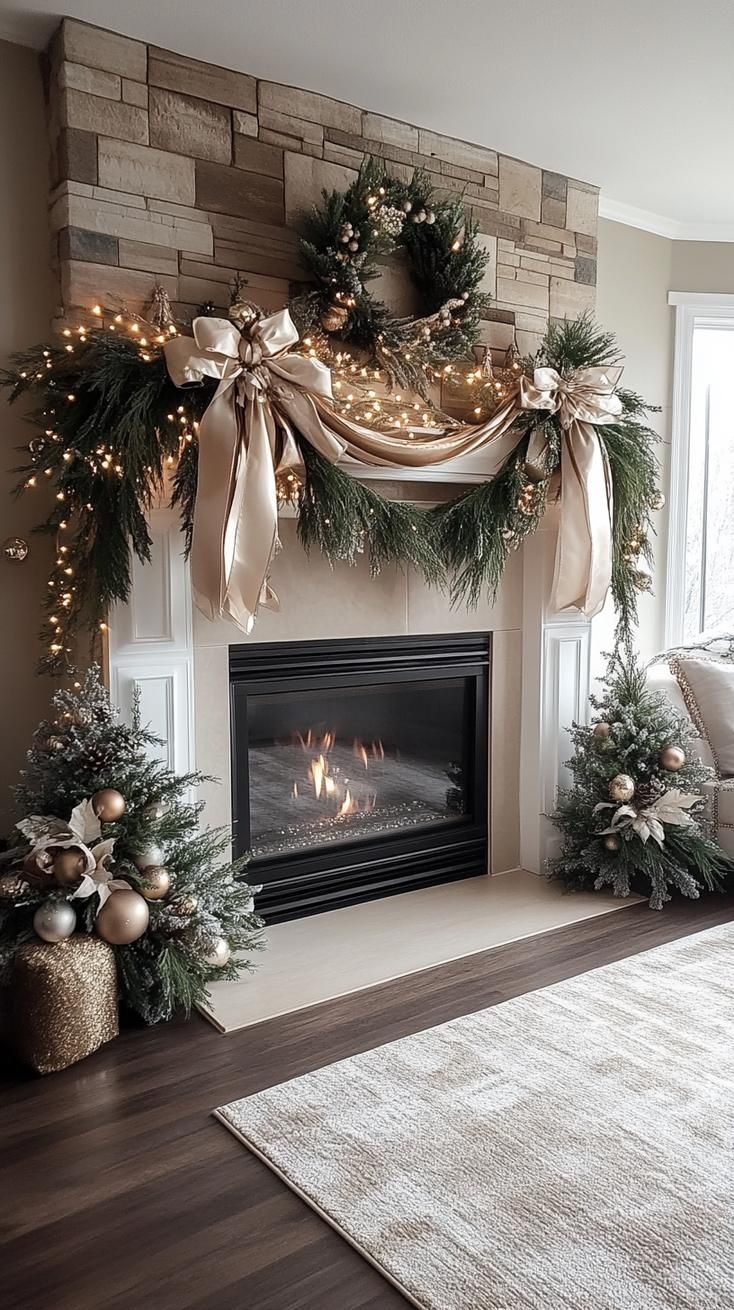 a living room decorated for christmas with stockings and garlands on the fireplace mantel