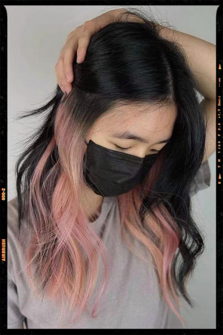 Hair Color Idea - Black and Pink Hair Light Pink Hair Underneath, Black Pink Hair Color, Light Pink Highlights In Black Hair, Dyed Underlayer, Black And Light Pink Hair, Black Hair With Pink Underneath, Pink Highlights In Black Hair, Pink Underdye Hair, Pink Underneath Hair