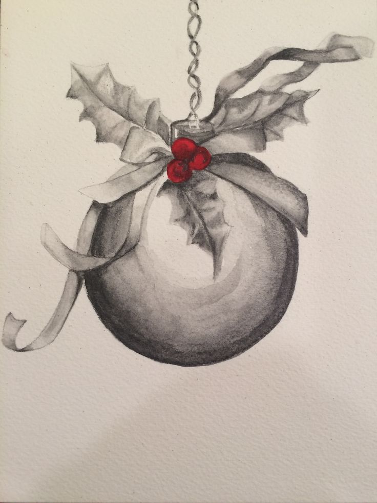 a drawing of a christmas ornament hanging from a chain with holly on it