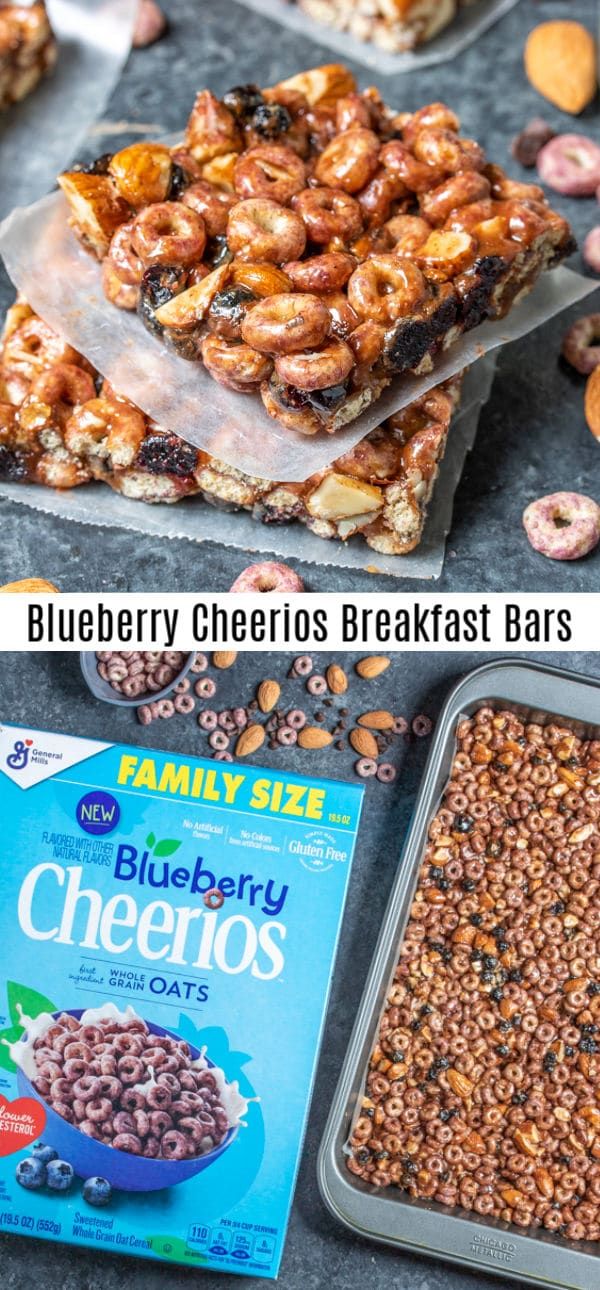 blueberry cheerios breakfast bars are stacked on top of each other and ready to be eaten