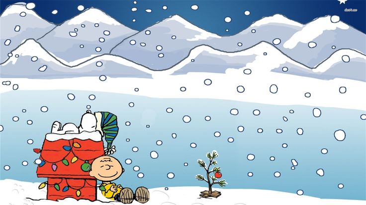 a charlie brown christmas scene with snow and mountains