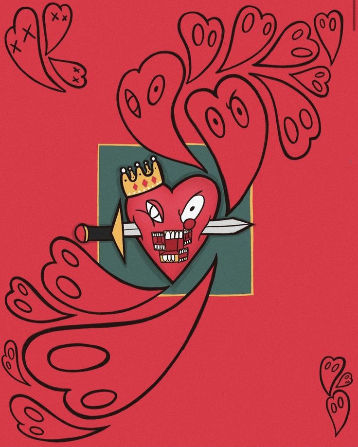 a drawing of a heart with a crown on it's head and scissors in its mouth