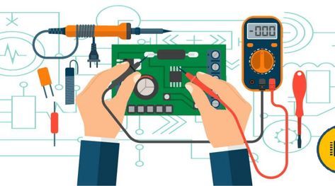 two hands are working on an electronic device with wires and tools around them, including a soldering machine