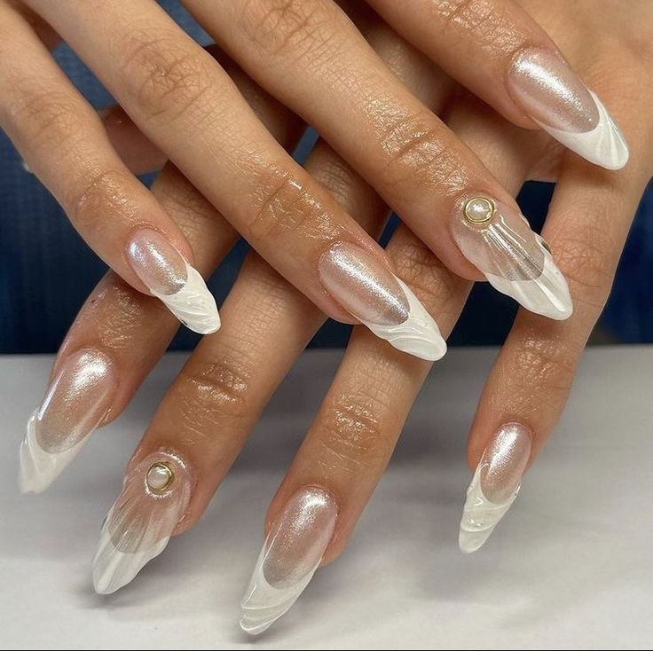 French Mermaid Nails, Mermaid Nails French Tip, Mermaid French Tip Nails, Minimalist Manicure, White French Tip Nails, Nail Charm, Short Gel Nails, White French Tip, Mermaid Nails