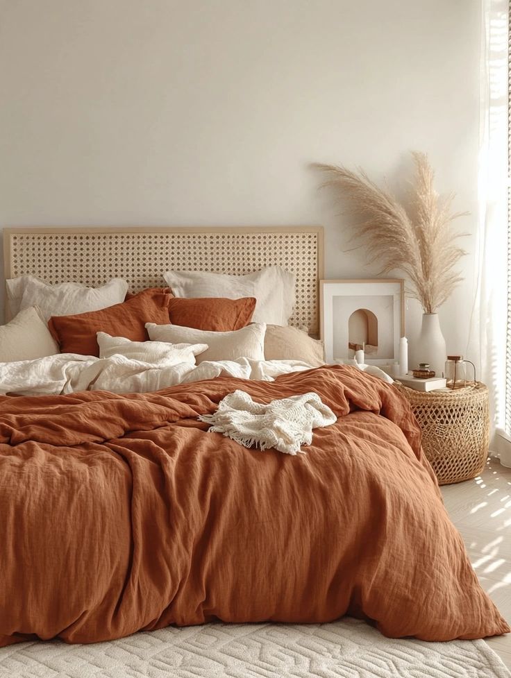 a bed with an orange comforter and pillows in a white room next to a window