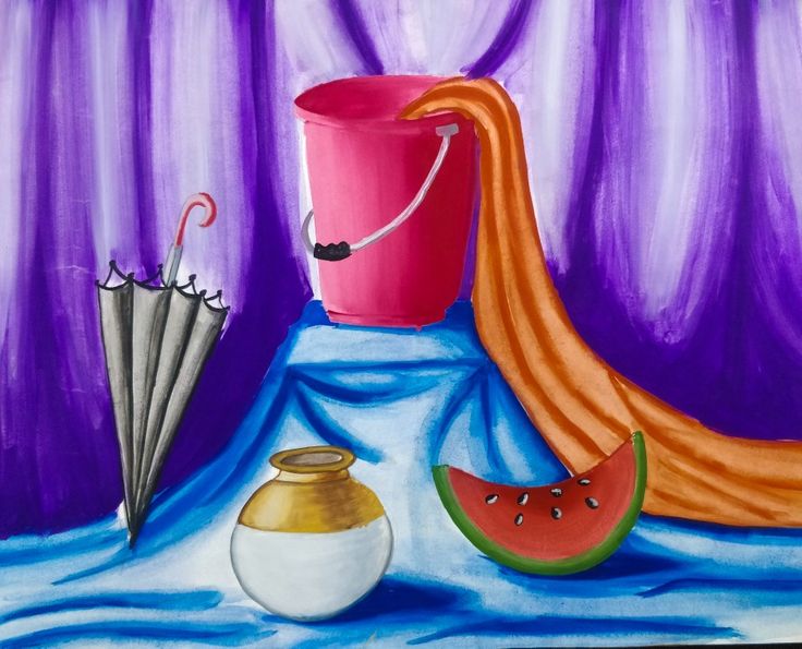 a painting of watermelon, umbrellas and other items on a purple background