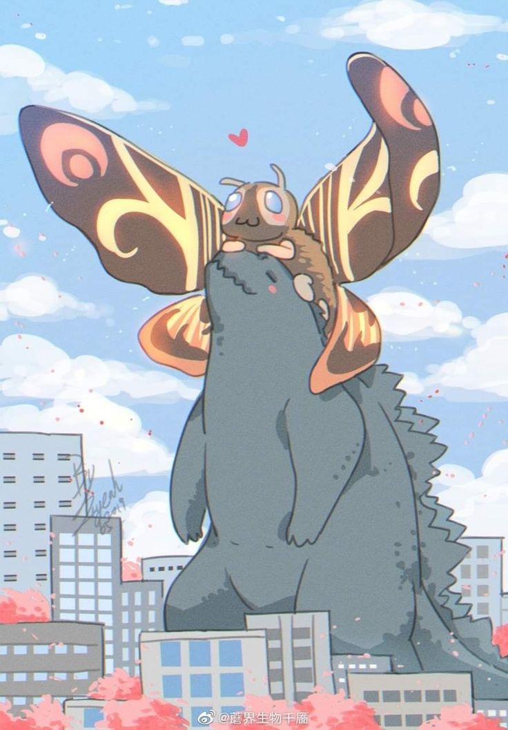 an animated godzilla with a butterfly on it's back, standing in front of a cityscape