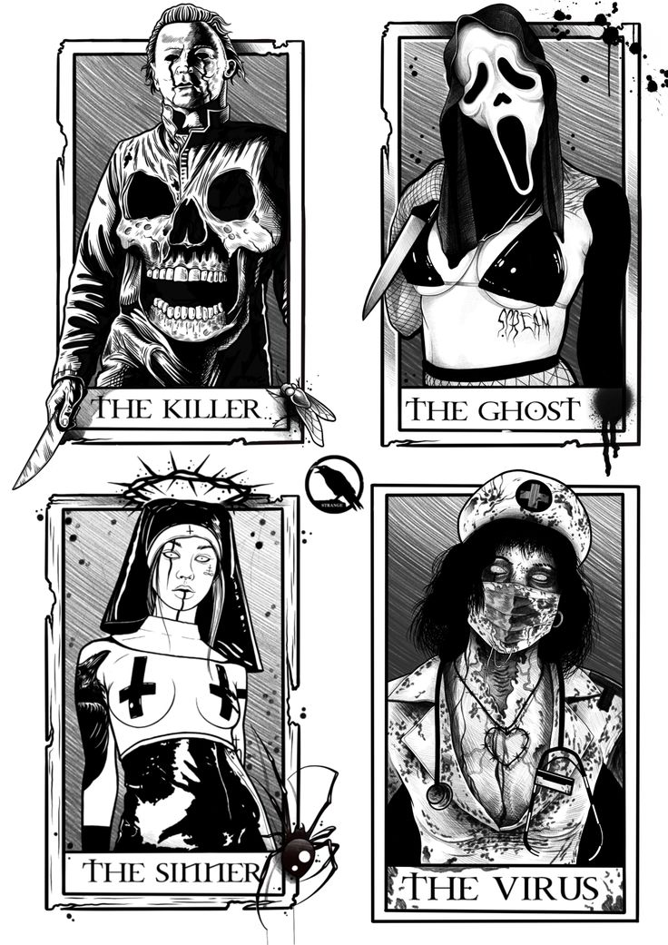 four different types of tarot cards with skulls and skeletons on them, all in black and white