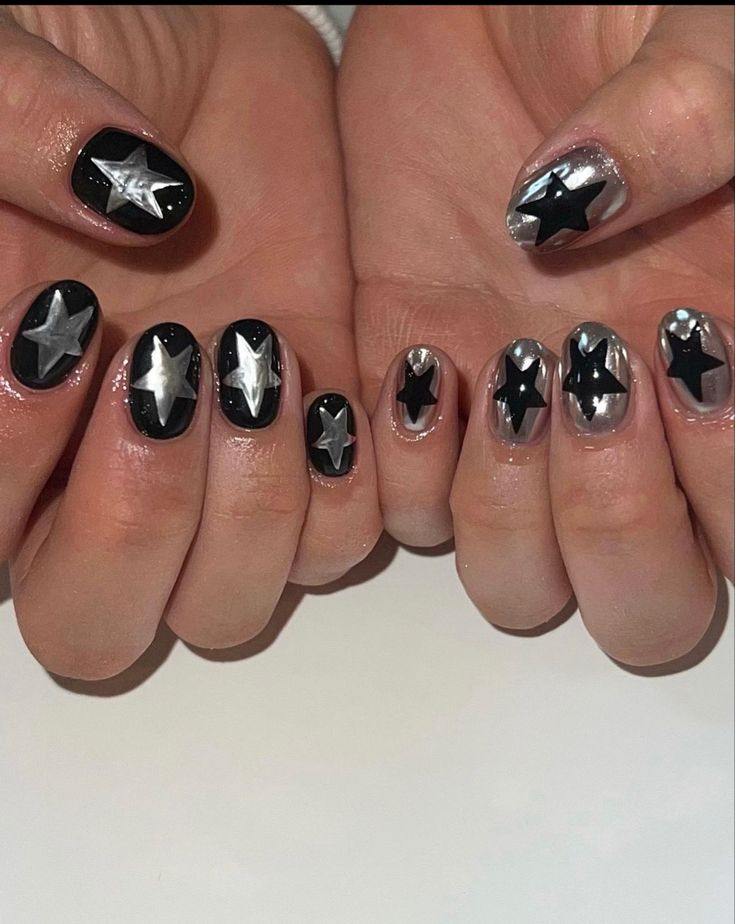 Set Nails, Metallic Nail Art, Metallic Nail, Mens Nails, Punk Nails, Hard Nails, Silver Nail, Goth Nails, Grunge Nails