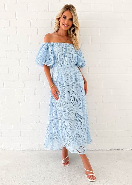 Olanah Off Shoulder Midi Dress - Blue White Dress With Blue Accessories, Blue Dress Outfits, Off Shoulder Midi Dress, Scout Guide, Crepe Midi Dress, Blue Accessories, Corded Lace, Launch Party, Blue Midi Dress