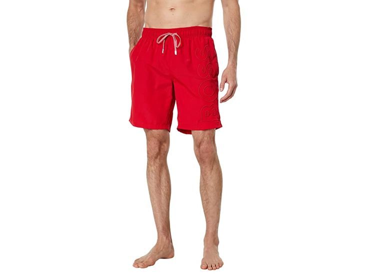 BOSS Whale Swim Shorts - Men's Swimwear : Open Red : Get ready for a fun dive into the waters wearing the super comfy and lightweight BOSS Whale Swim Shorts. Regular fit. Elasticated waistband and drawstring closure. Side seam pockets. Back welt pocket. Signature branding along the left seam. Pull-on style. 100% polyamide. Machine wash, line dry. Imported. Measurements: Waist Measurement: 28 in Outseam: 18 in Inseam: 7 1 2 in Front Rise: 11 in Back Rise: 15 in Leg Opening: 22 in Product measurem Casual Swimwear With Side Pockets For Beach Season, Relaxed Fit Swim Trunks With Pockets For Beachwear, Casual Swimwear With Side Pockets For Poolside, Casual Swimwear With Side Pockets For Beach, Spring Swim Trunks With Pockets, Casual Beach Swim Trunks With Side Pockets, Beachwear Bottoms With Side Pockets For Pool, Beach Vacation Bottoms With Side Pockets, Vacation Bottoms With Side Pockets For Beach Season