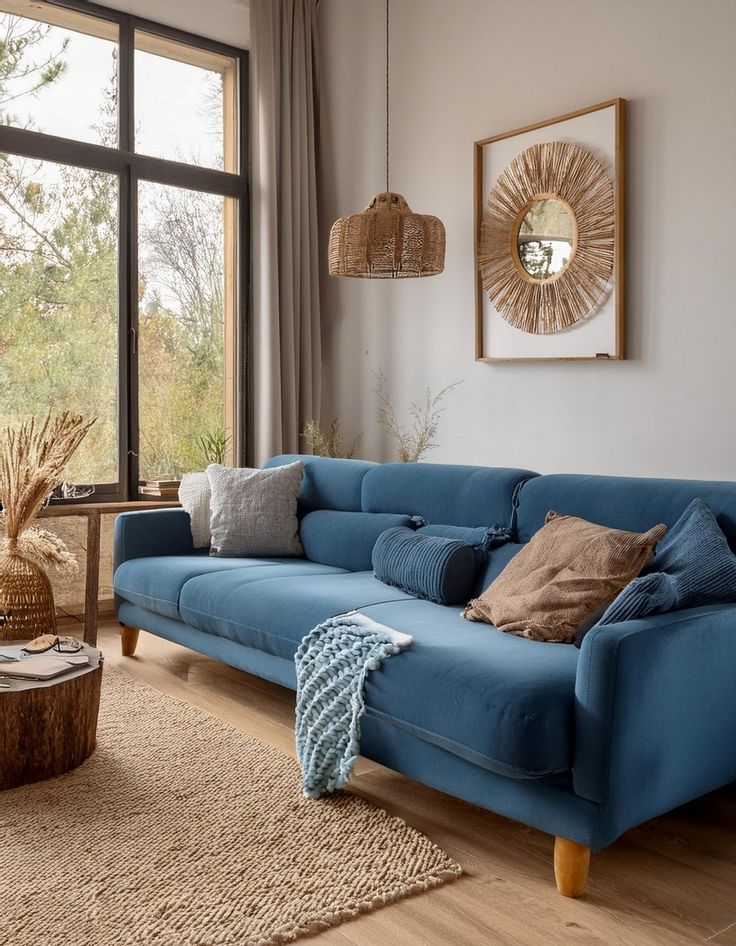 a blue couch sitting in front of a window