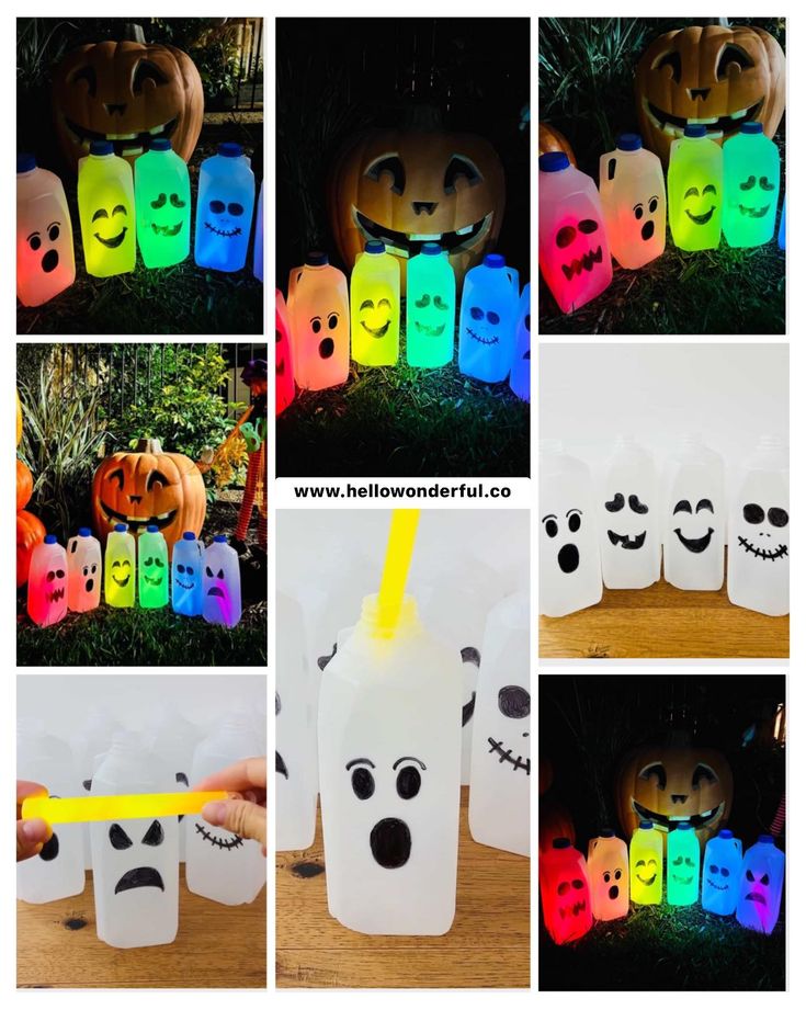 halloween decorations made out of plastic bottles with faces on them and glowing candles in the shape of pumpkins