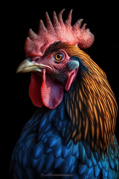 a close up of a rooster on a black background