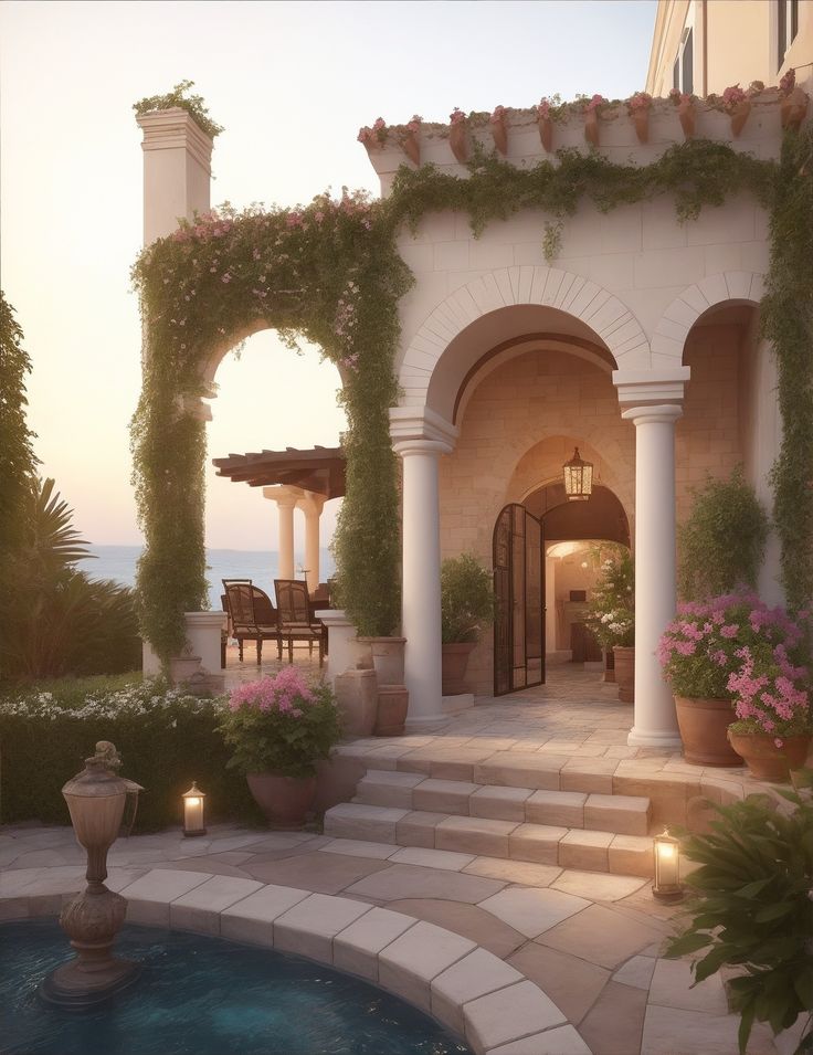 an outdoor patio with potted plants and flowers on the steps leading up to it